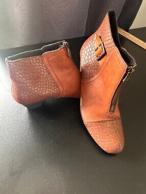 Rieker Women's Cognac Leather Croc Embossed Ankle Boots Side Zip - 40